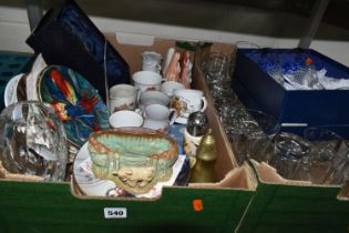 TWO BOXES AND LOOSE CERAMICS AND GLASS WARE, to include a boxed pair of Stuart Crystal champagne