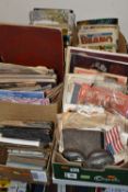 FIVE BOXES OF EPHEMERA to include Royal souvenir publications, cigarette cards in 1d albums and