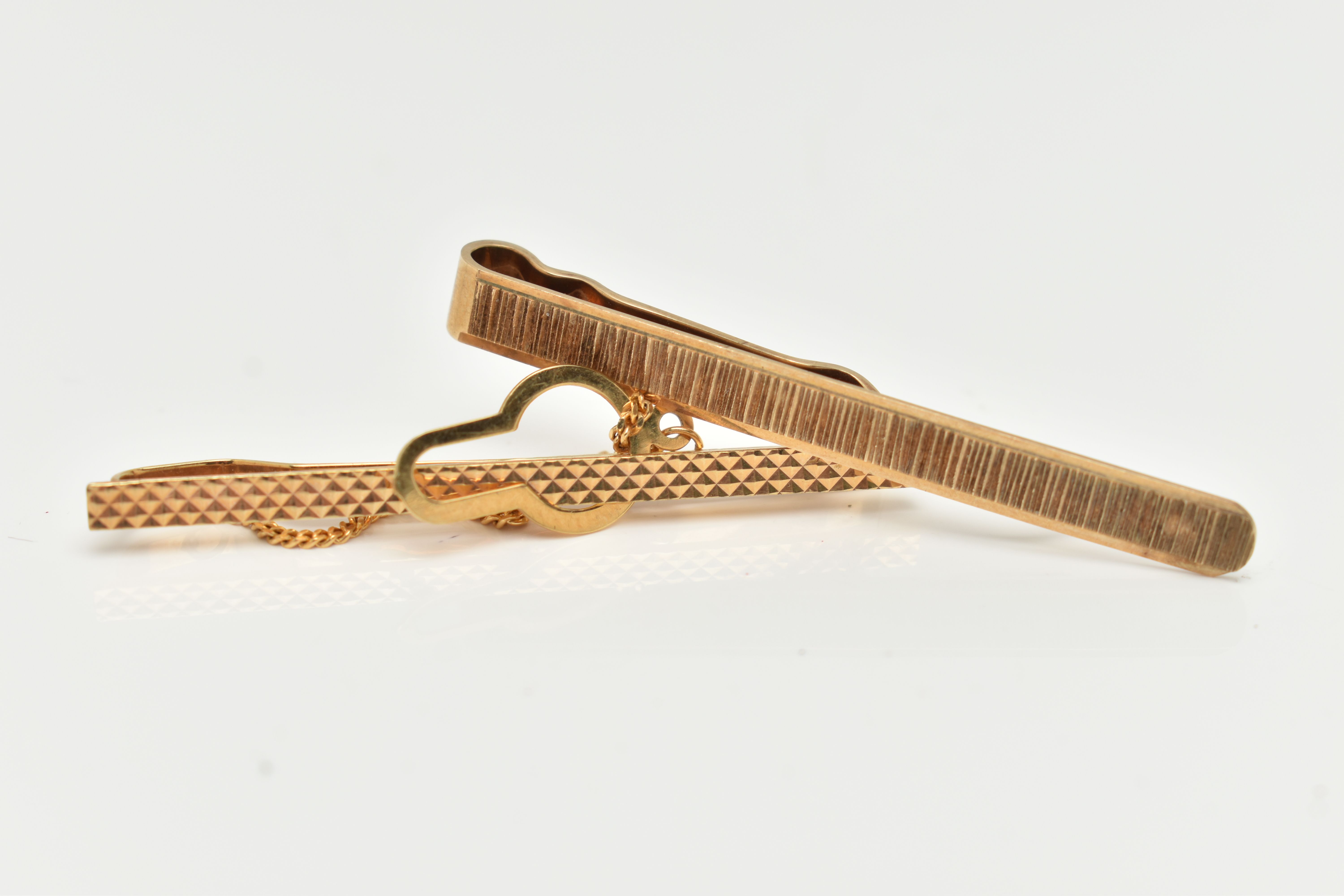 TWO 9CT GOLD TIE CLIPS, the first with a textured pattern, hallmarked 9ct Birmingham, length 50mm, - Image 2 of 3