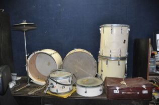 A COLLECTION OF VINTAGE DRUMS AND HARDWARE including an Olympic 19 x 12in Kick drum, two Premier