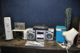 A COLLECTION OF HOUSEHOLD ELECTRICALS including a Samsung Hi Fi with matching speakers and remote,