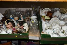 FOUR BOXES OF CERAMICS AND GLASSWARE, to include two Royal Doulton character jugs, 'Capt. Henry
