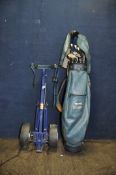A VINTAGE GOLF BAG CONTAINING SWILKEN AND OTHER CLUBS including 1,3,4 drivers, TS90 3,4,5,6,7,8,9,IS