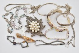ASSORTED WHITE METAL BRACELETS AND A BROOCH, to include a large multi gem set cuff bangle, set
