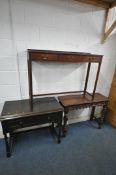 A 20TH CENTURY STAINED OAK SIDE TABLE, with two frieze drawer, raised on turned legs, united by