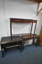 A 20TH CENTURY STAINED OAK SIDE TABLE, with two frieze drawer, raised on turned legs, united by