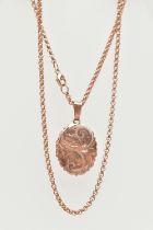 A 9CT ROSE GOLD LOCKET AND CHAIN, oval floral detailed locket, opens to reveal two vacant photo