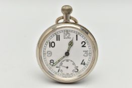 A MILITARY ISSUE OPEN FACE POCKET WATCH, manual wind, round white dial, large Arabic numerals,