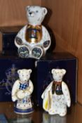 THREE BOXED ROYAL CROWN DERBY TEDDY BEARS, comprising 'Alphabet Bear -T' paperweight, gold