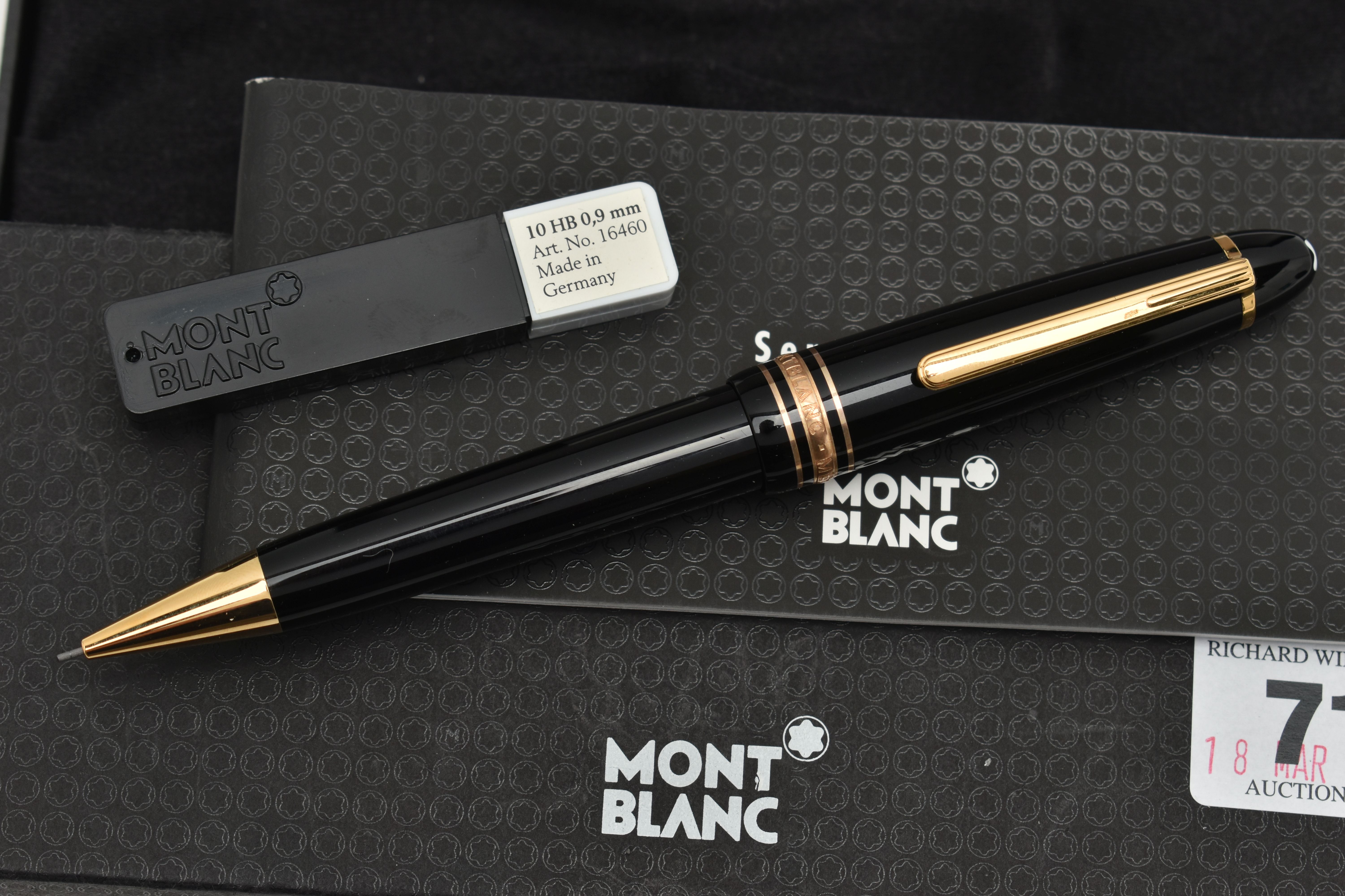 A CASED MONT BLANC MEISTERSTUCK RETRACTABLE PENCIL, the black pen case with gold coloured trim, - Image 2 of 4