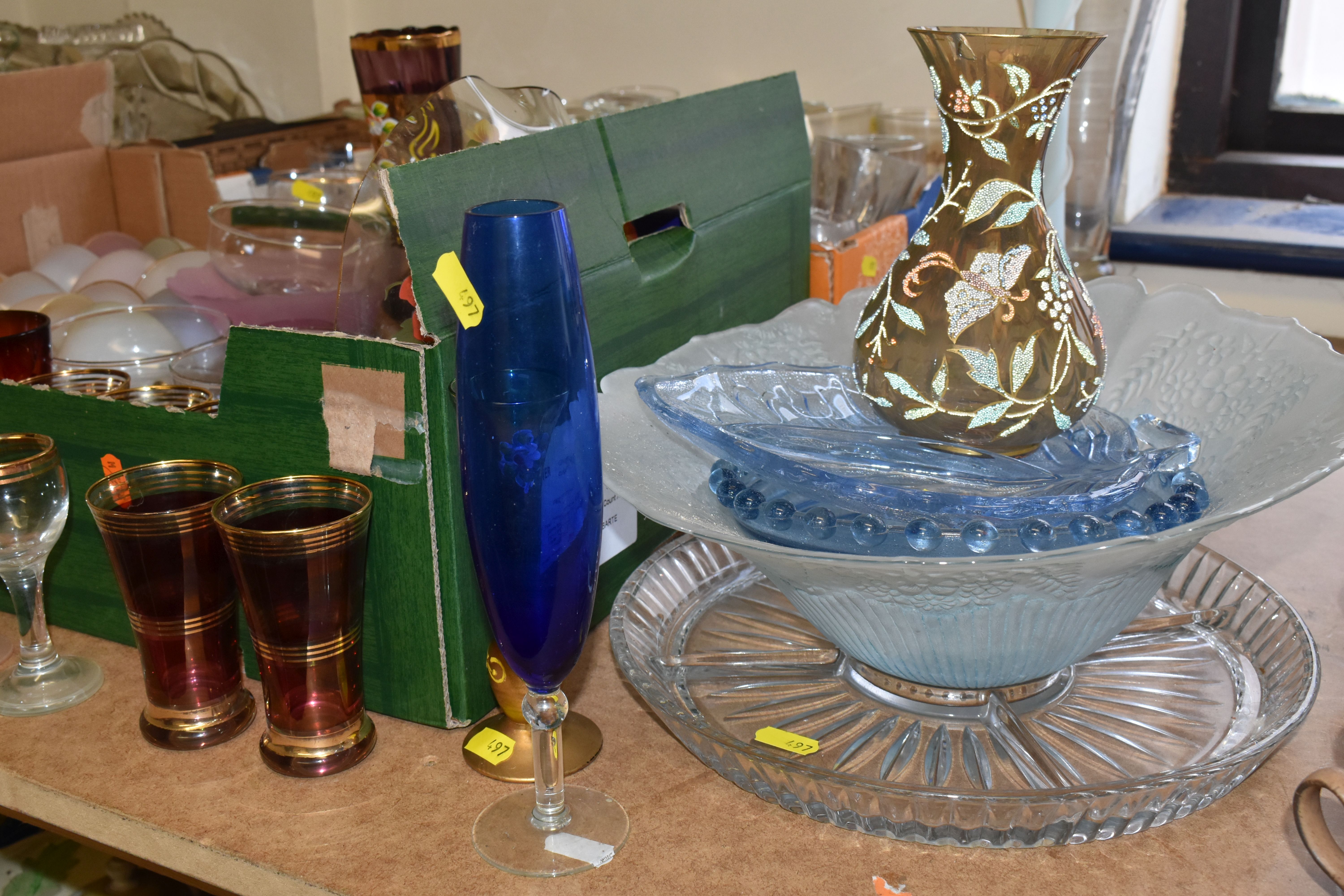 FOUR BOXES OF ASSORTED MID-CENTURY GLASSWARE, to include a quantity of Arcopal 'Harlequin cups and - Image 2 of 9