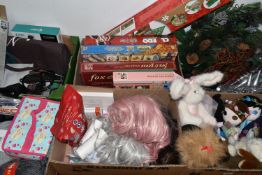 SIX BOXES AND LOOSE KNITTING AND CRAFT SUPPLIES, WIGS, TOYS AND GAMES, CHRISTMAS DECORATIONS AND