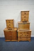 A SELECTION OF MODERN PINE FURNITURE, to include a chest of two short over three long drawers, width