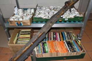 FOUR BOXES OF CERAMICS AND BOOKS ETC, to include a box of ceramic transfer printed toothpick