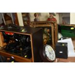 A CASED SINGER SEWING MACHINE, HORN, MIRROR, PICTURES AND SUNDRY ITEMS, to include a cased Singer