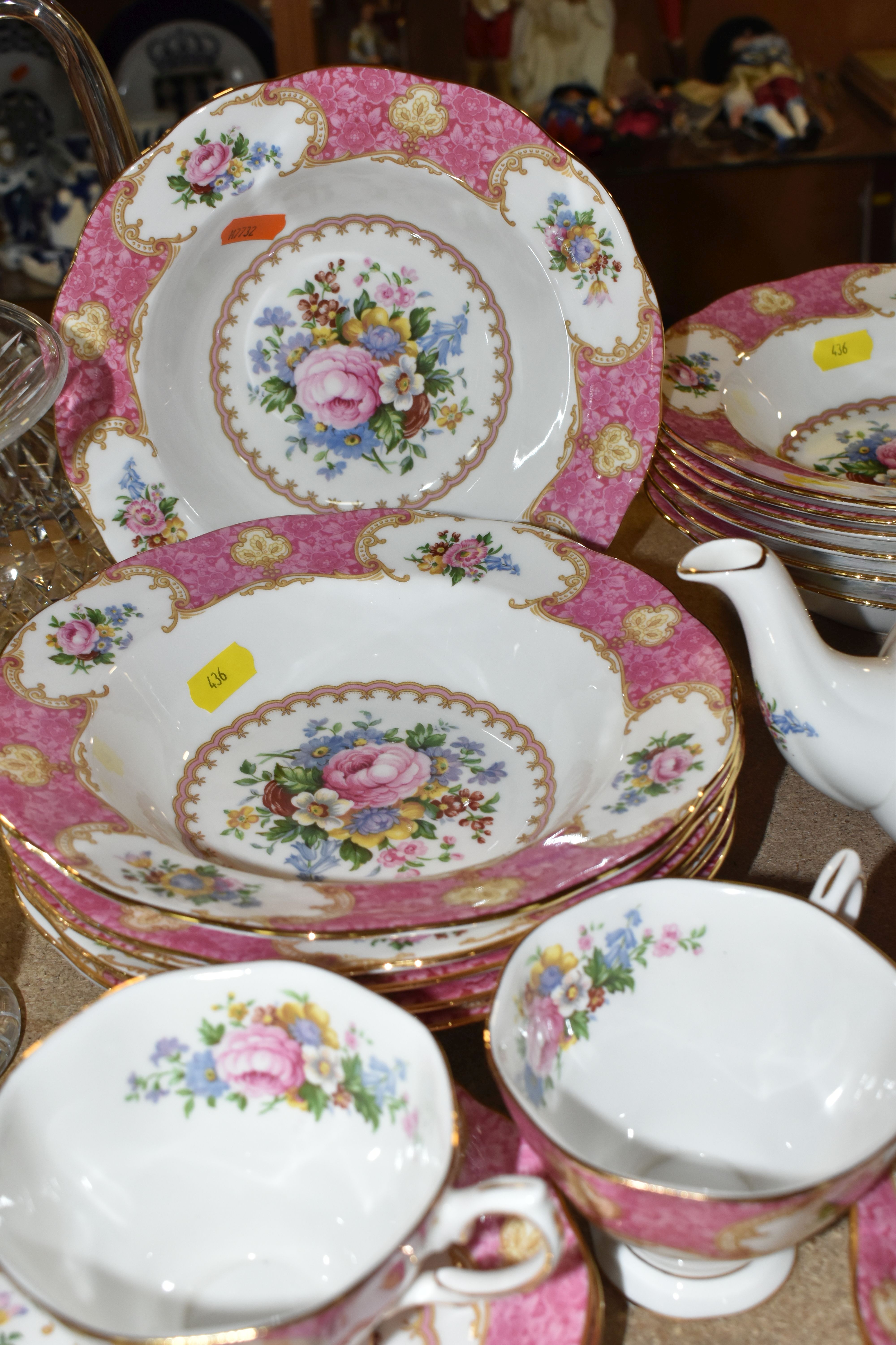 A ROYAL ALBERT 'LADY CARLYLE' SIX PLACE PART DINNER SERVICE, comprising tea cups and saucers, coffee - Image 3 of 9