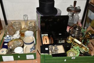 TWO BOXES AND LOOSE SUNDRY ITEMS, to include a musical jewellery box in the form of a 1950's