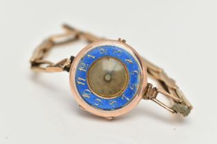 A 9CT GOLD LADIES 'ROLEX' WRISTWATCH, hand wound movement, half hunter case with blue enamel detail,