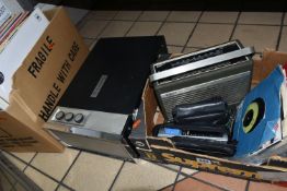 TWO BOXES AND LOOSE RECORDS, HIFI, DIGITAL TV RECORDER AND SUNDRY ITEMS, to include fifty five