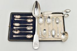 AN ASSORTMENT OF SILVER AND WHITE METAL TABLEWARE, to include a cased set of six silver coffee