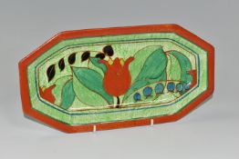 A CLARICE CLIFF BIZARRE RED TULIP PATTERN CAFE AU LAIT SANDWICH TRAY, shape NO. 344, hand painted