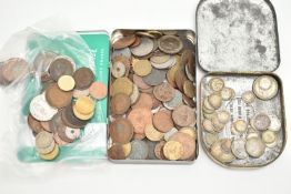 A CARDBOARD BOX OF MIXED COINAGE, to include Silver content coins, Victoria 3d-Florin George VI etc