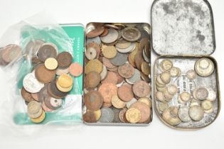 A CARDBOARD BOX OF MIXED COINAGE, to include Silver content coins, Victoria 3d-Florin George VI etc