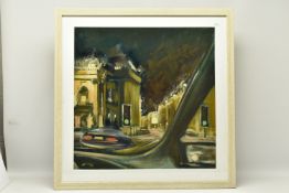 PETER COLLINS (BRITISH 1938-) 'VIEW OF THEATRE ROYAL AT NIGHT', a view from inside a car of the