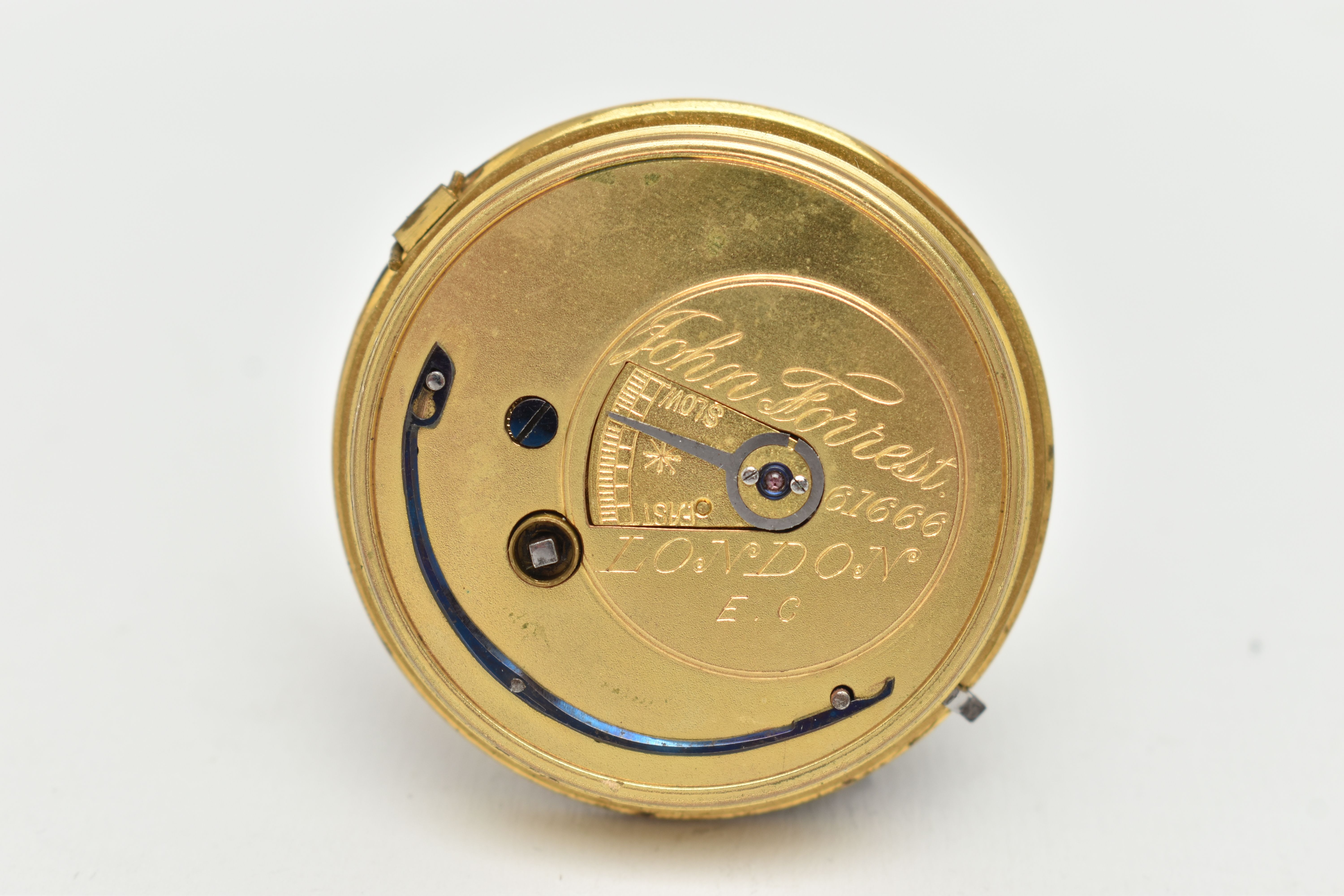 A 'JOHN FOREST LONDON' POCKET WATCH MOVEMENT, key wound, round gold floral pattern dial, signed ' - Image 2 of 4