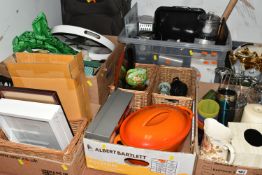 FIVE BOXES AND LOOSE KITCHEN AND HOME WARES, to include an unbranded orange enamelled cast iron