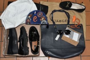 LADIES' CLOTHING, ACCESSORIES ETC, comprising a Jaeger blue leather handbag, approximate size 32cm