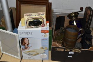 TWO BOXES OF MISCELLANEOUS SUNDRIES, to include a WWII 1941 shell case fashioned into a tankard, a