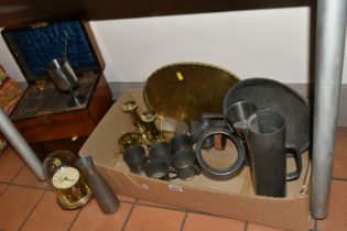 ONE BOX OF METALWARE AND TWO VICTORIAN WRITING BOXES, comprising a Liberty & Co. 'English Pewter'