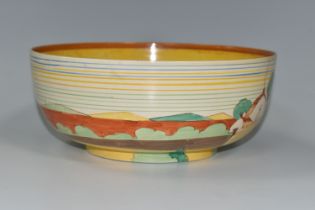 A CLARICE CLIFF BIZARRE BROOKFIELD PATTERN BOWL, decorated exterior, the interior with orange and