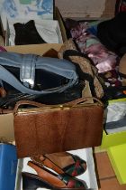 FOUR BOXES OF LADIES HANDBAGS, SHOES AND ACCESSORIES, to include two small suitcases, a collection