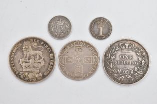 A PARCEL OF SILVER COINS, to include a William IV One Shilling 1834 A/VF, a 1696 George III Sixpence