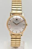 A GENTS 9CT GOLD 'TISSOT' WRISTWATCH, manual wind, round silver dial signed 'Tissot Stylist',