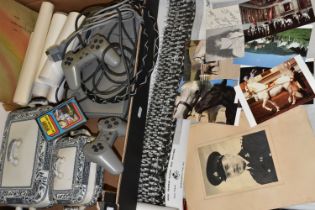 A BOX CONTAINING A PLAYSTATION, EPHEMERA AND CERAMICS, to include a Sony PlayStation with