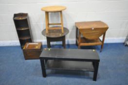 A SELECTION OF OCCASIONAL FURNITURE, to include an oak drop leaf trolley, slim open bookcase, an oak