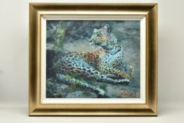 ROLF HARRIS (AUSTRALIAN 1930-2023) 'LEOPARD RECLINING AT DUSK', signed limited edition print on