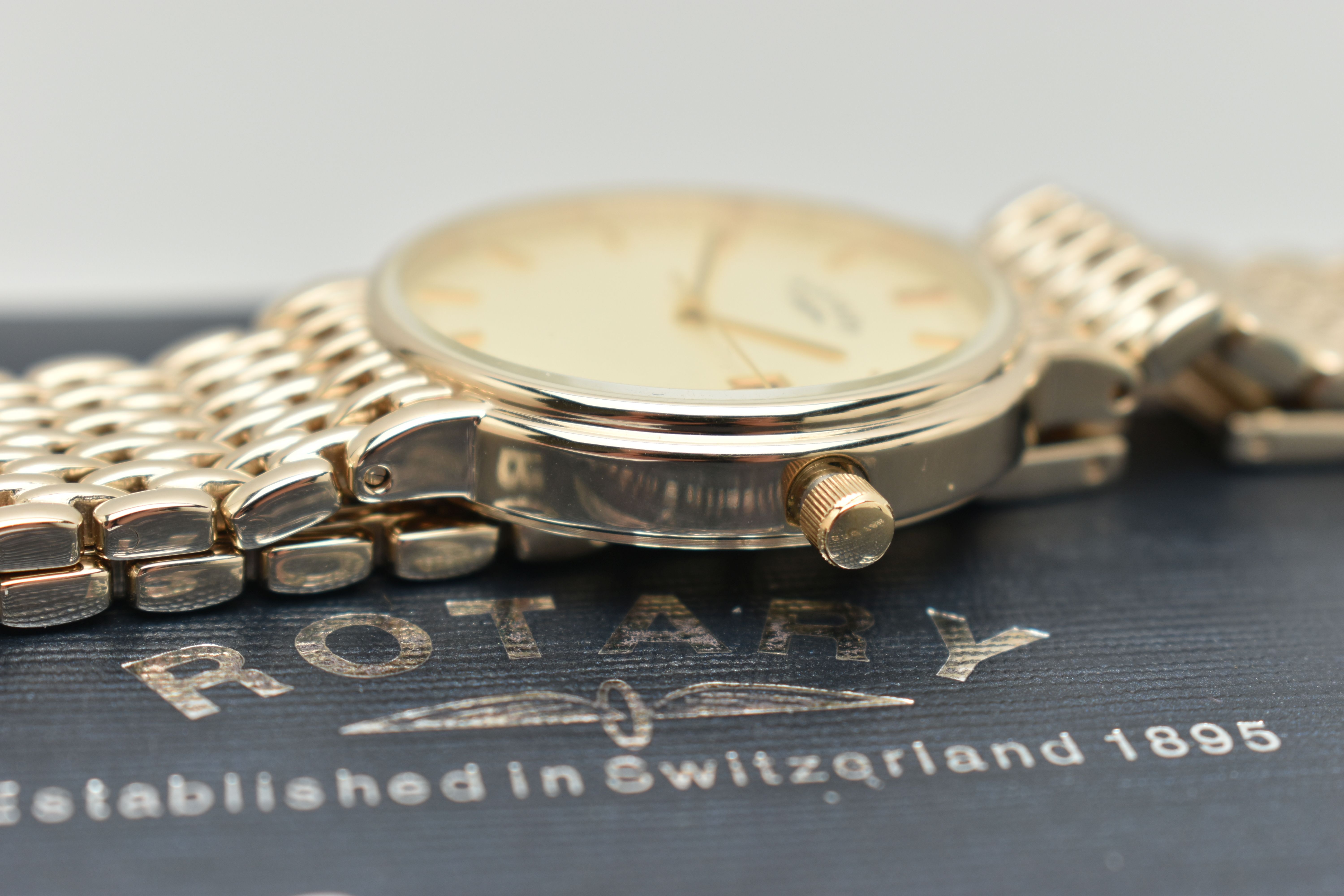 A BOXED 'ROTARY' WRISTWATCH, quartz movement, round gold dial signed 'Rotary', baton makers, date - Image 6 of 6