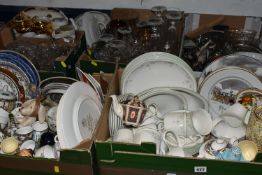 SIX BOXES OF CERAMICS, GLASS AND CUTLERY, to include Royal Worcester gold lustre teapot, cream jug