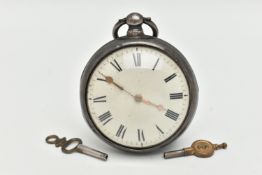 A GEORGE III SILVER PAIR CASE POCKET WATCH, key wound, round white Roman numeral dial, domed glass