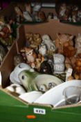 TWO BOXES AND LOOSE OWL FIGURES, CERAMICS AND GLASS WARES, to include approximately sixty owl