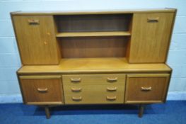 A WILLIAM LAWRENCE MID CENTURY TEAK HIGHBOARD, with an arrangement of doors and three drawers, width