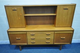 A WILLIAM LAWRENCE MID CENTURY TEAK HIGHBOARD, with an arrangement of doors and three drawers, width