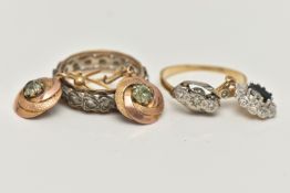 A SMALL ASSORTMENT OF JEWELLERY, to include a three stone diamond ring, prong set in a white metal