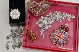 A COLLECTION OF BUTLER AND WILSON JEWELLERY, to include a watch with case, a Union jack brooch, a