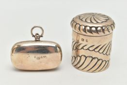 A SILVER JAR AND DOUBLE SOVEREIGN CASE, the jar of cylindrical shape with embossed scalloped