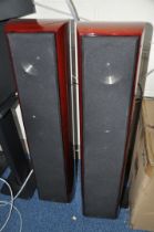 A PAIR OF KEF XG40 FLOOR STANDING SPEAKERS in Khaya Red finish with original packaging Condition